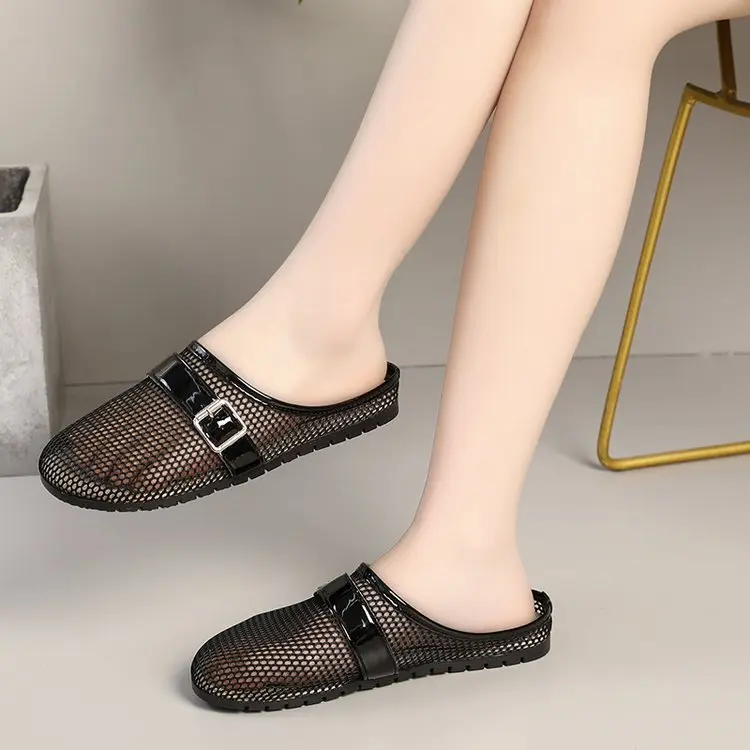 Round-toed women's flat shoes mesh rubber slip-on