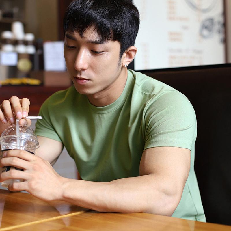 Product Introduction of 1Pcs Men's Summer Solid Color Slim Fit Elastic Loose Sports Short Sleeve 27