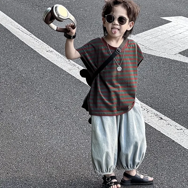 Bộ Quần Áo Trẻ Em, Phong Cách Hàn Quốc, Dành Cho Bé Trai Và Bé Gái, Áo Phông Và Quần Chống Muỗi Dáng Rộng, Bộ Áo Phông Khối Màu, Hợp Xu hướng, Mùa Hè 2024 3