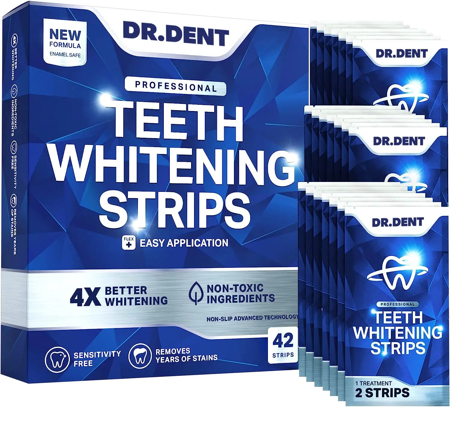DRDENT Teeth Whitening Strips - 21 Whitening Sessions - Safe for Enamel - Non Sensitive Teeth Whitening - Pack of 42 Strips + Mouth Opener Included Oral