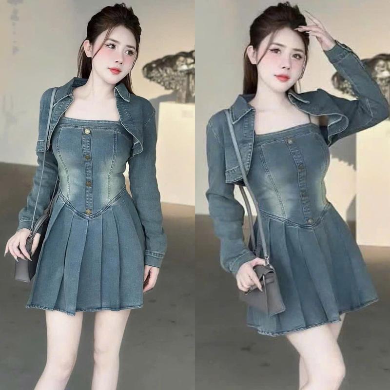 Set Đầm Váy Nữ Chất Jean 2 Dây Xếp Ly Nhún Thân Khóa Kéo Kèm Áo Khoác Croptop Tay Ngắn Women Top Kem