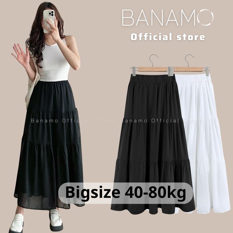 Váy nữ Banamo Fashion chân váy midi 3 tầng xếp ly chất voan mềm 2 lớp thoáng mát 5929 Women Trắng
