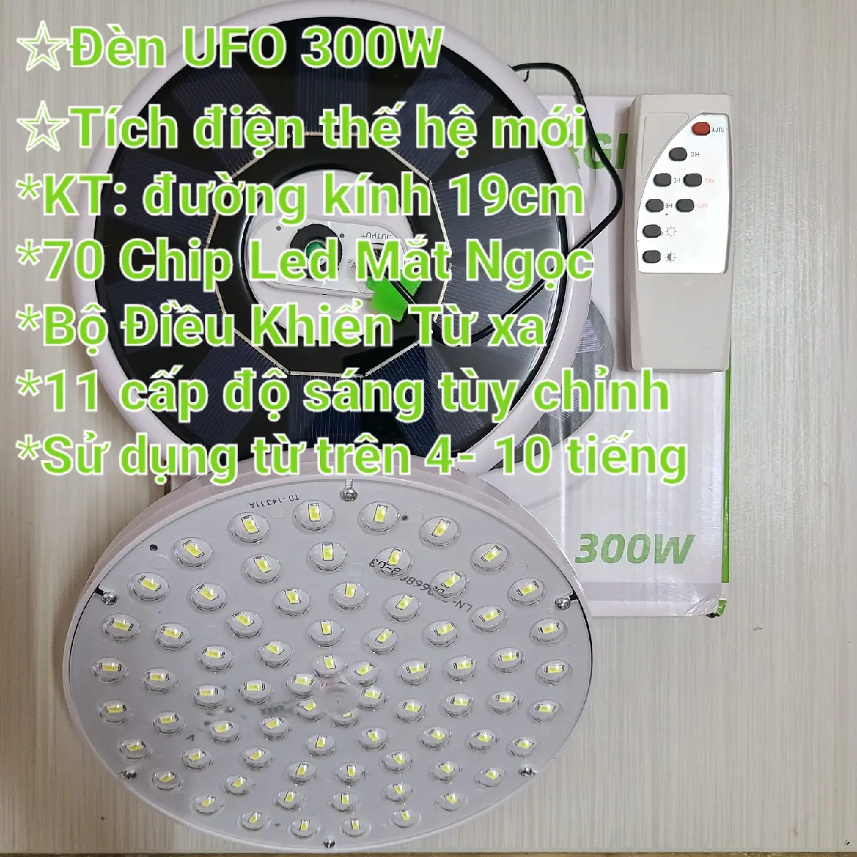 Đèn Led UFO 300w NLMT, phiên bản nâng cấp có remot điều khiển từ xa, sạc cáp sạc cổng usb, có hỗ trợ phụ sạc năng lượng mặt trời 10 cấp độ sáng tùy chỉnh cho 1 lần sạc đầy sử dụng từ 6 đến 12 tiếng, thích hợp làm đèn chiếu sáng trang trí sân vườn,