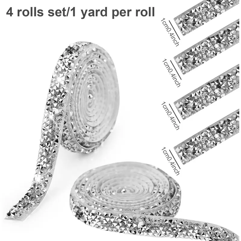 4 Rolls Crystal Resin Rhinestone Ribbons Self-Adhesive Ribbon Roll Glitter Resin Diamond Belt Bling Sparkling Diamond Ribbon Bling Stickers Wrap Crystal Roll for DIY Arts Crafts(Silver, 10mm) 1