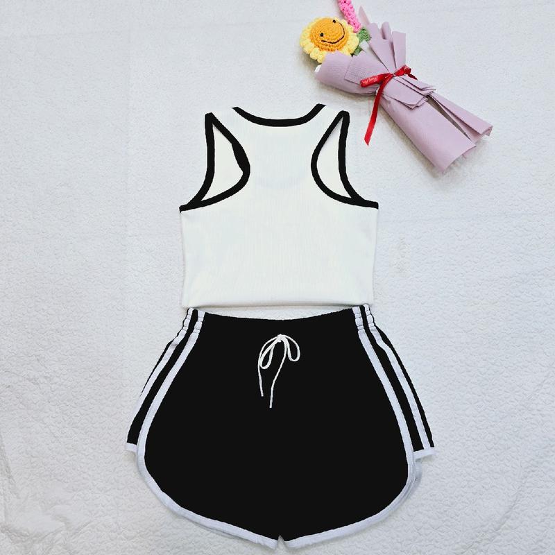 Sét bộ áo ba lỗ croptop dáng ôm in chữ và số 88 cộng quần short viền sọc hai bên dễ thương dành cho phái nữ Women Thun Voi Nhung Kem Sen Lịch Tre 8