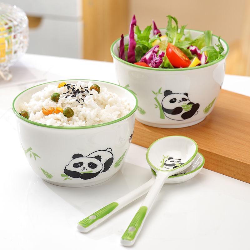  Set Bát Ăn Bằng Gốm Sứ Decor Hình Con Gấu Trúc Panda - Chén Ăn Cơm Cho Bé Dễ Thương Kèm Thìa 