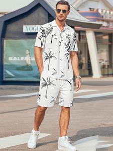 Two-Piece Set Men's Palm Tree Print Lapel Shirt & Drawstring Waist Shorts Set, Regular Fit Casual Short Sleeve Button Up Top & Pocket Shorts, Men's Summer Outfits