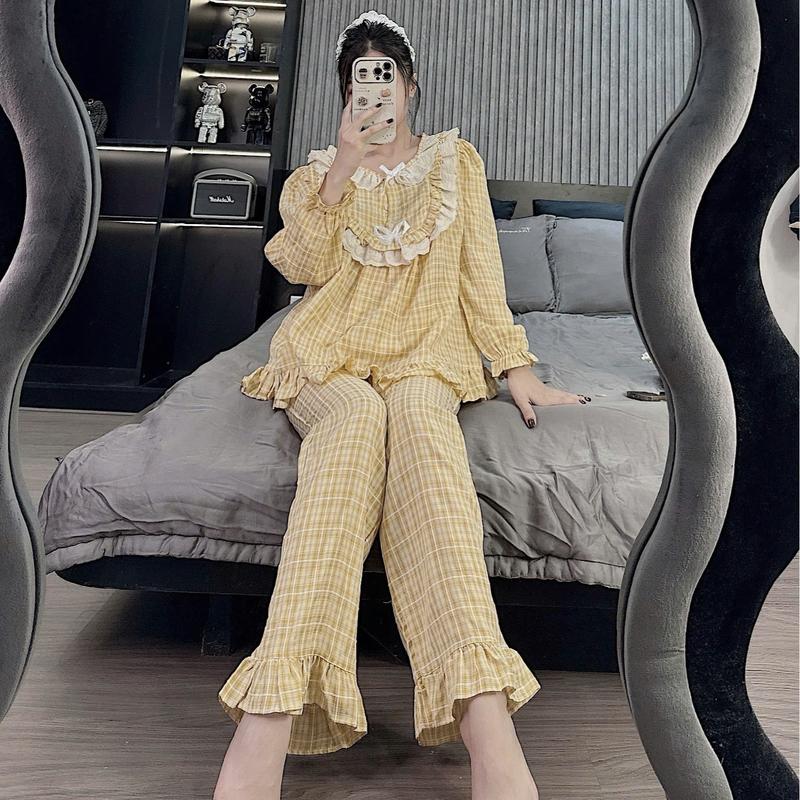 Set Bộ Đồ Nữ BabyDoll Phối Ren Bèo Cổ Yêm Đính Nơ Tiểu Thư, Bộ Quần Áo Dài Tay Mặc Ở Nhà Thiết Kế Thu Đông - K66 Women 4