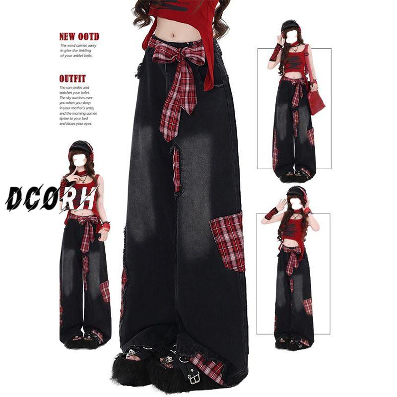Quần Jean Ống Rộng, Dây Đeo Thắt Nơ, Dành Cho Nữ, Hàng Mới Về Đầu Mùa Xuân, Thiết Kế Vá Kẻ Sọc Ngầu Ngọt Ngào Quần Dài Đến Sàn Dáng Rộng 1
