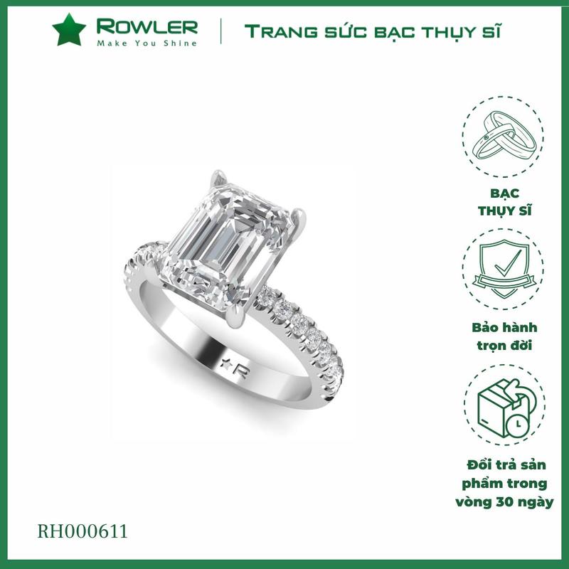  Nhẫn Soltaire bạc Thụy Sĩ đính full đá Moissanite viên chủ chữ nhật Radiant cut 6*8 ly_ ROWLER 