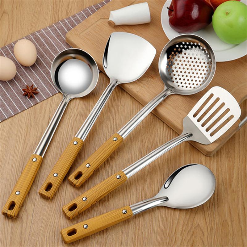 Dụng Cụ Nấu Ăn Bằng Thép Không Gỉ, Tay Cầm Chống Nóng Chất Lượng Cao, Tay Cầm Vân Gỗ, Thìa Rán, Muôi Súp, Dễ Lau Chùi, Thìa Chịu Nhiệt 0