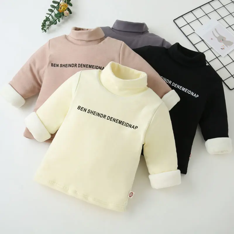 Áo len bông cho trẻ em, hàng mới về, lớp lót lông cừu hai lớp, áo sơ mi đế dày, thời trang, thích hợp cho bé trai và bé gái, cổ cao, giữ ấm trên ô tô, kiểu dáng 3