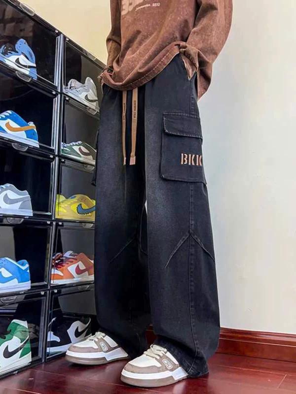 Quần Jean thêu chữ BKK ống rộng Unisex nam nữ đều mặc được quần bò dáng baggy phối túi to siêu chất 2 màu xám xanh Menswear Ong