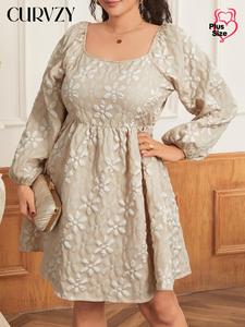 CURVZY Plus Size Floral Jacquard Tie Back Dress, Elegant Bishop Sleeve Dress for Party Holiday Wedding Guest, Women's Clothes for All Seasons