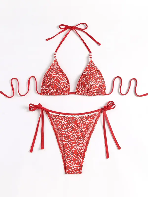 Women's Floral Print Beaded Halter Triangle Bikini Set, High Stretch Casual Fashion Tie Back Backless Swim Top & Tie Side Swim Bottom for Beach Holiday Vacation, Ladies Swimsuit for All Seasons 0