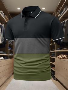 Men's Colorblock Short Sleeve Polo Shirt, Regular Fit Casual Quick Drying Breathable Half Placket Button Top for Summer, Fashion Men's Clothes for Daily Wear