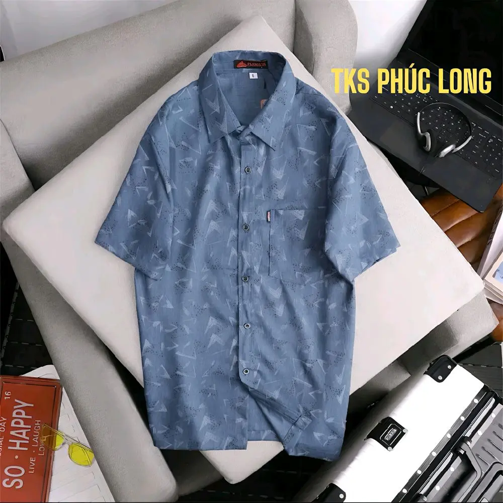 Áo sơ mi trung niên ngắn tay có túi vạt ngang xẻ tà chất liệu cotton đủi trung mềm mịn thoáng mát họa tiết hình tam giác Menswear