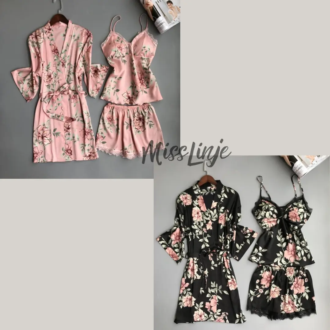 Setelan Baju Tidur Lingerie Kimono Satin Set Tanktop dan Celana Pendek 3in1 Motif Bunga Cantik Wanita Panjang