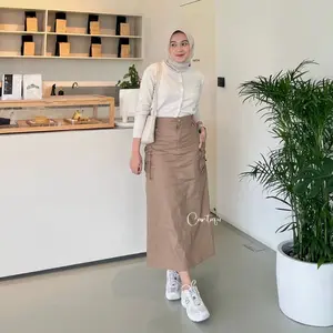 Cantiqu - Sonya Rok Cargo Kantong Serut Kargo Skirt Katun Wanita Panjang Maxi Fit Karet Bahan Twill Ukuran Allsize Up to XLL Aksen Ring