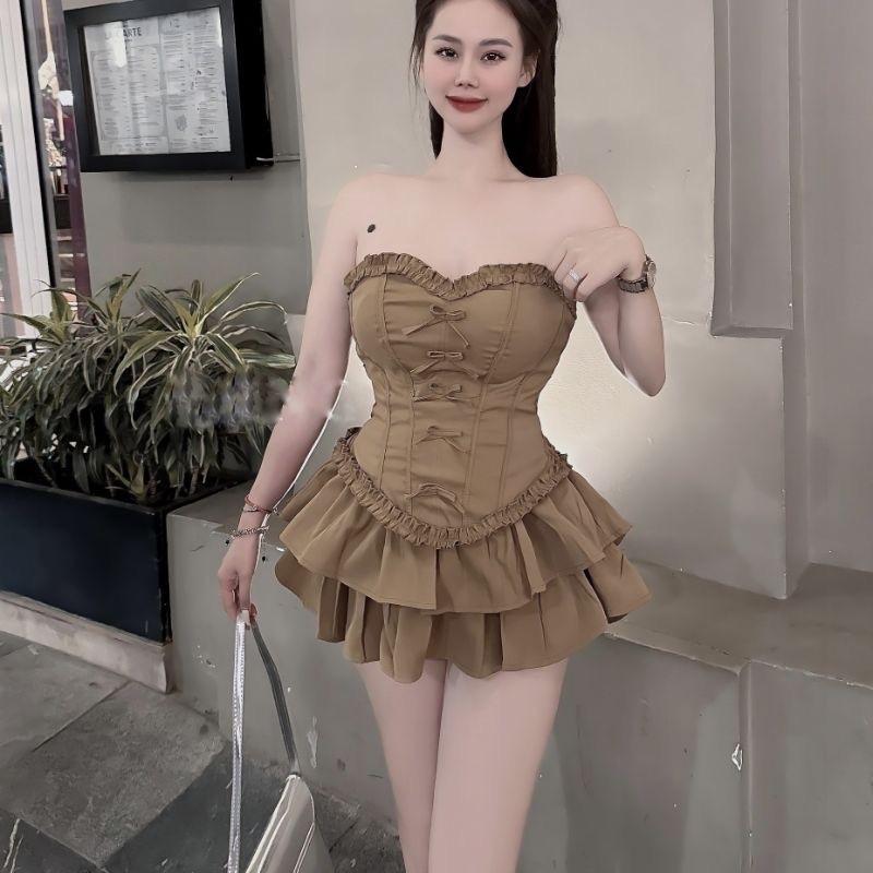 Set áo cúp viền đính nơ, chân Váy xoè 2 tầng .... Nữ Women Top  Dress set  áo
