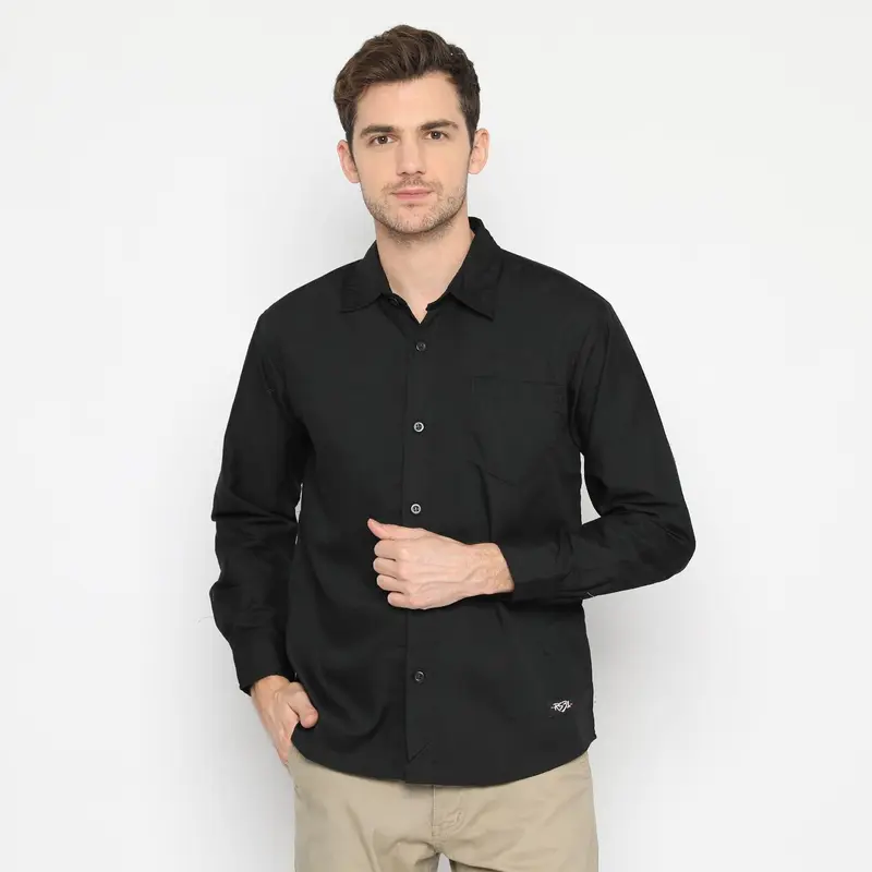 RS31 Baju Kemeja Alaska Shirt Black Basic Cowok Jumbo - Kemeja Lengan Panjang Pria Hitam Polos Super Big Size 1