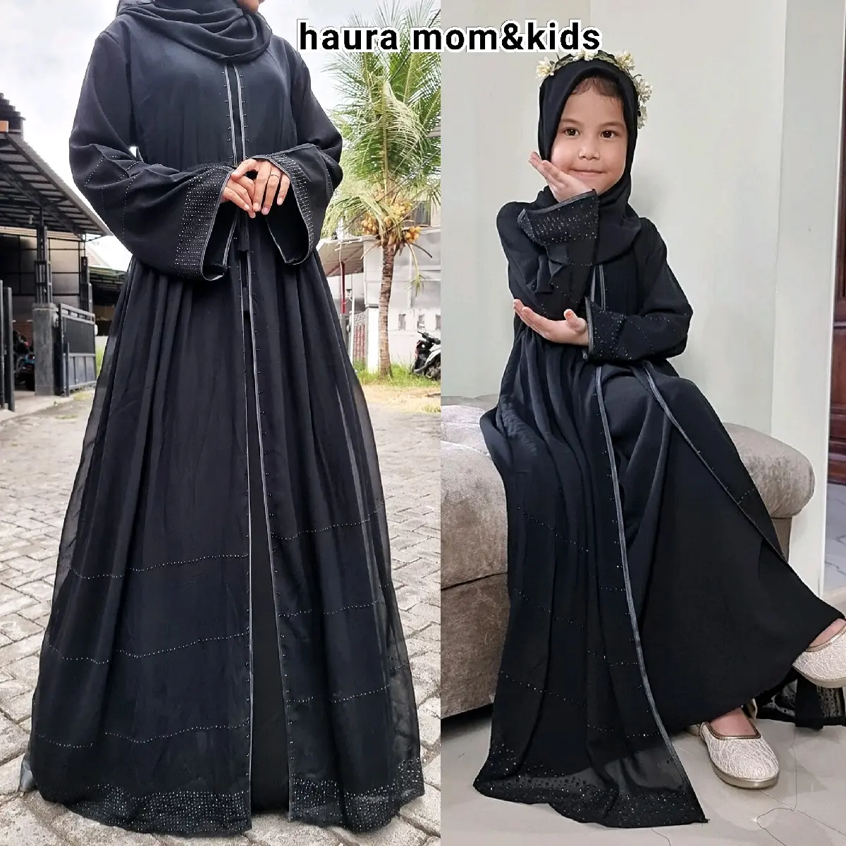Abaya  Exclusive Haura Gamis Black Hitam Motif Kombinasi  Sifon  Dress  RemajaMuslim Dewasa Arab Wanita Muslim Remaja Maxi Renda Bordir Turki Syari Umroh