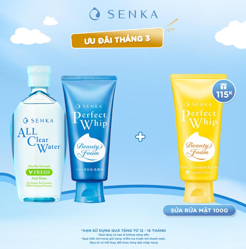 Bộ đôi Nước tẩy trang micellar giảm bóng nhờn SENKA A.L.L CLEAR WATER FRESH 230ML & Sữa rửa mặt sạch sâu mướt mịn SENKA PERFECT WHIP 120G