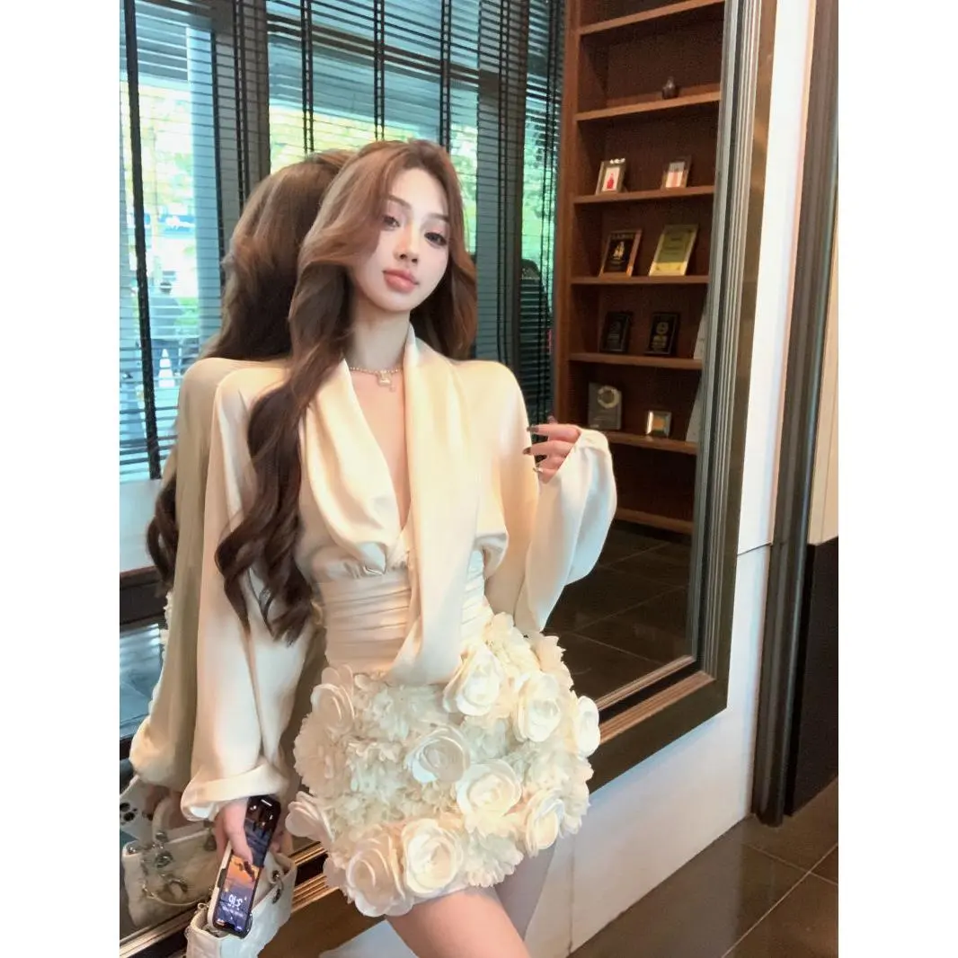 High quality in stock-gold style suit WOMEN'S sexy V neck waist trimming shirt winter three-dimensional flower skirt two-piece set-tk hot sale quality certifications Womenswear Original Lingerie Comfort