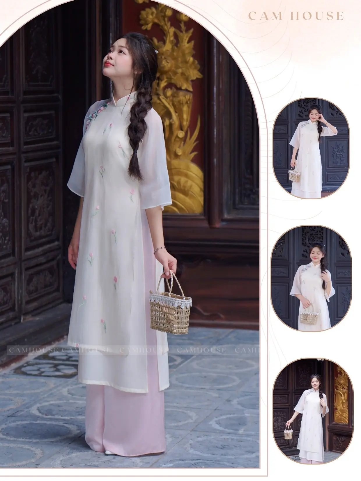 Áo Dài Cách Tân Tulip [Cam House] Thêu Hoa Nổi Đính Cúc Phối Nơ, Chụp ảnh đi chơi lễ chùa mặc tết đẹp đen đính nơ cúc