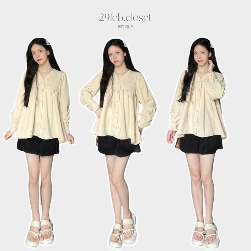 [XẢ KHO] Set Áo Babydoll Cổ V Xếp Ly Ngực 29feb.closet Kèm Quần Sooc Đùi Chất Thô Mềm Nữ Tính - Ss250 Kem Women Jacket Top Blazer