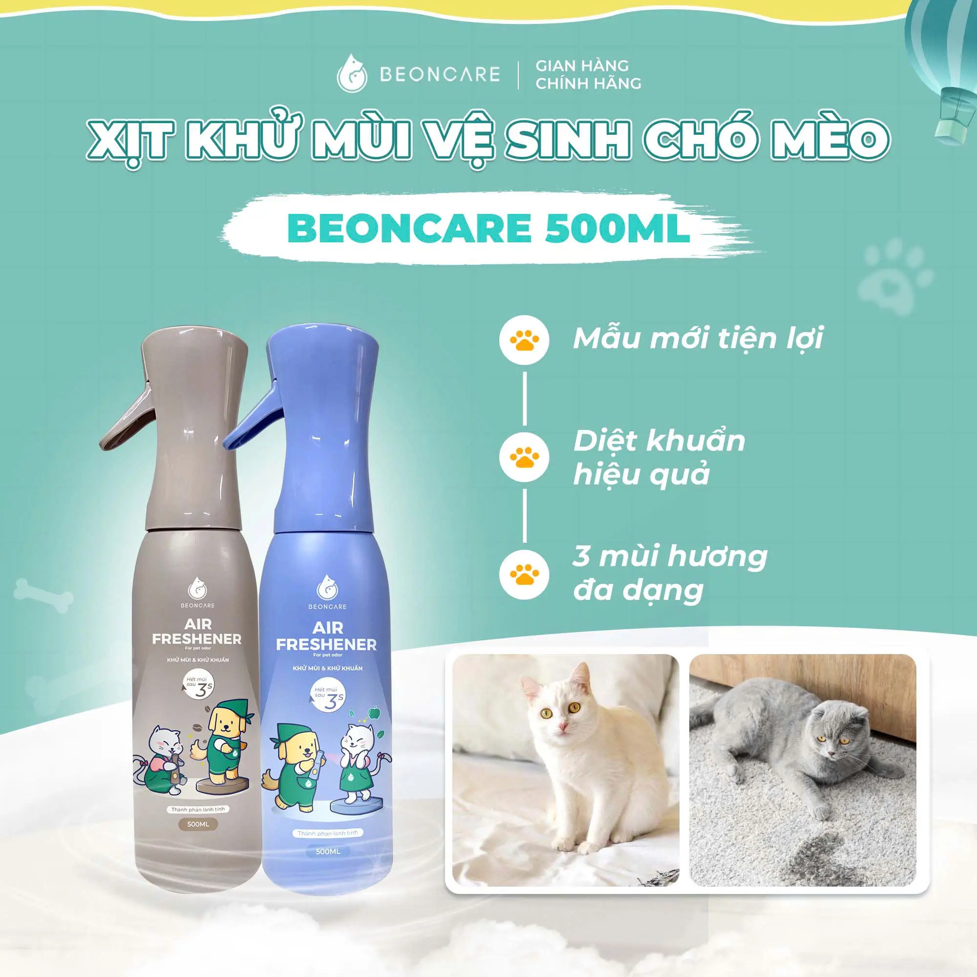 Xịt Khử Mùi Nước Tiểu Chó Mèo, Khử Mùi Chậu Cát, Khử Mùi Khay Vệ Sinh Chó Mèo, Khử Mùi Vệ Sinh Cho Pet Beoncare