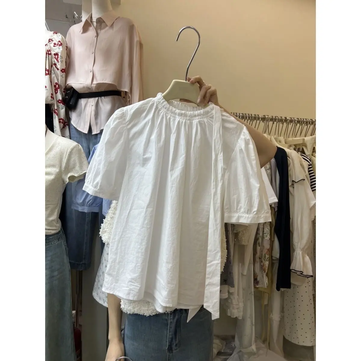 Áo Sơ Mi ngắn Tay Buộc Dây Tay Phồng Cotton, Phong Cách Pháp, Dành Cho Nữ, Hàng Mới Về Mùa Hè 2024, Thiết Kế Đẹp, Thanh Lịch, Trông Trẻ Trung, Siêu Đỉnh