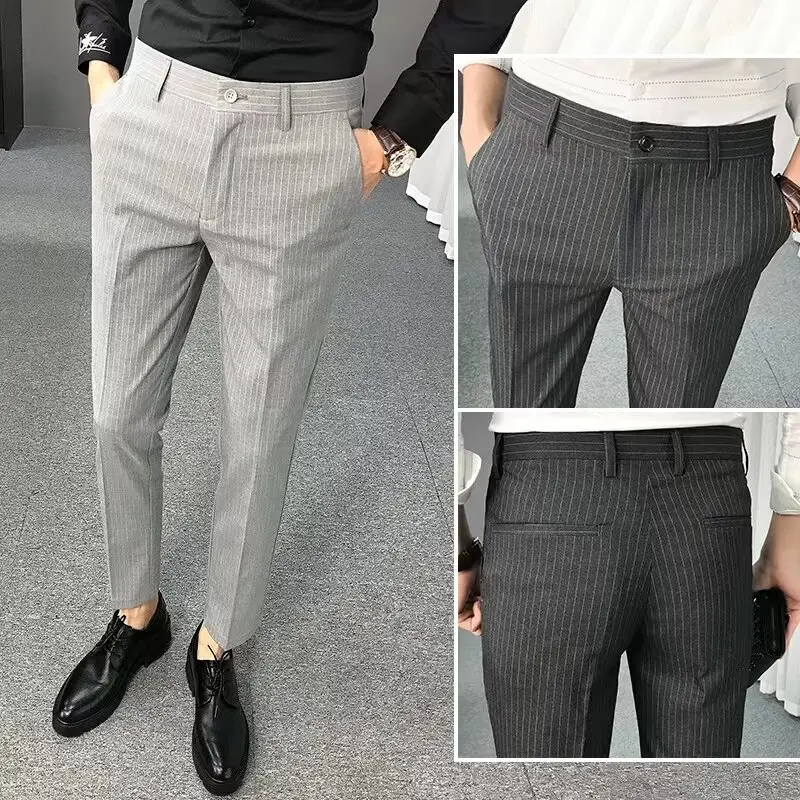 Quần Âu Nam, Phong Cách Hàn Quốc, Thiết Kế Sọc, Thường Ngày, Chất Lượng Cao, Thời Trang, Cổ Điển Menswear Pants Có Túi Màu Đen 0
