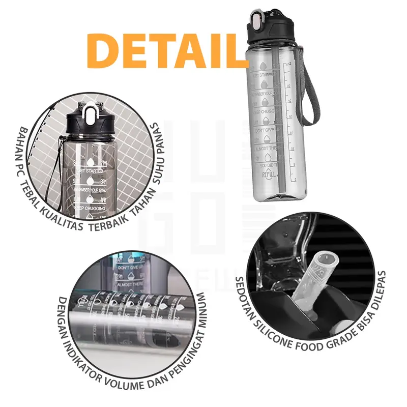 HUGO Botol Minum Motivasi 1 Liter Transparan Bening Botol Air Anak dengan Sedotan Premium BPA FREE 6