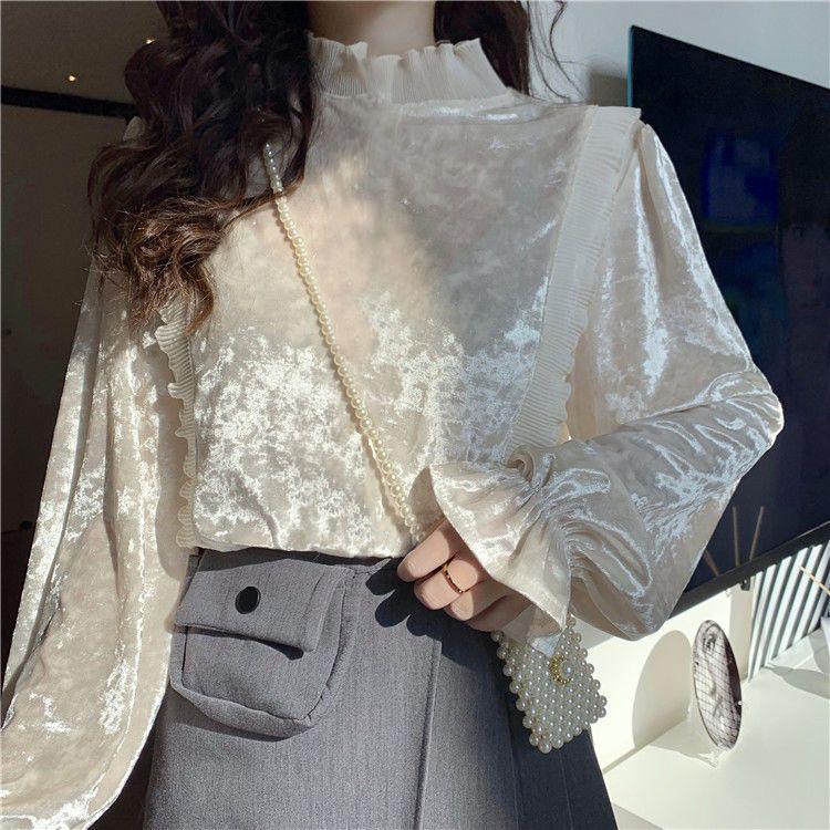 Product Introduction of Áo Sơ Mi Nhung, Ngọt Ngào Và Thanh Lịch, Chắp Vá Selvedge Dây Cổ Đứng, Hàng Mới Về Mùa Thu Cho Nữ, Tay Phồng Trẻ Trung, Áo Dài Tay 15