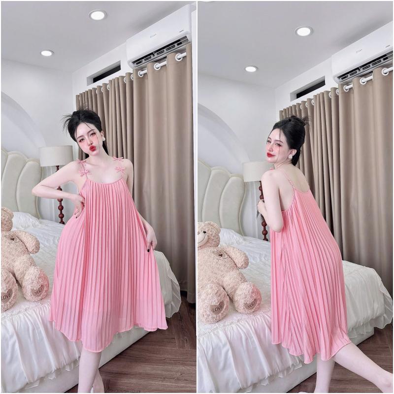 Product Introduction of Váy ngủ xếp ly bigsize 2dây đính nơ dễ thương bầu bí bon chen thoải mái chất chiffon có lót cầm nặng tay size 40-70kg 9