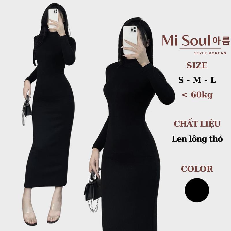 Váy BoDy Dáng Dài Xẻ Phía Sau Cổ 3 Phân Chất Len Lông Thỏ Misoul, Đầm Maxi Ôm Body Dài Tay Khoá Sau MiSoul 360 Nữ Women Dress Đen