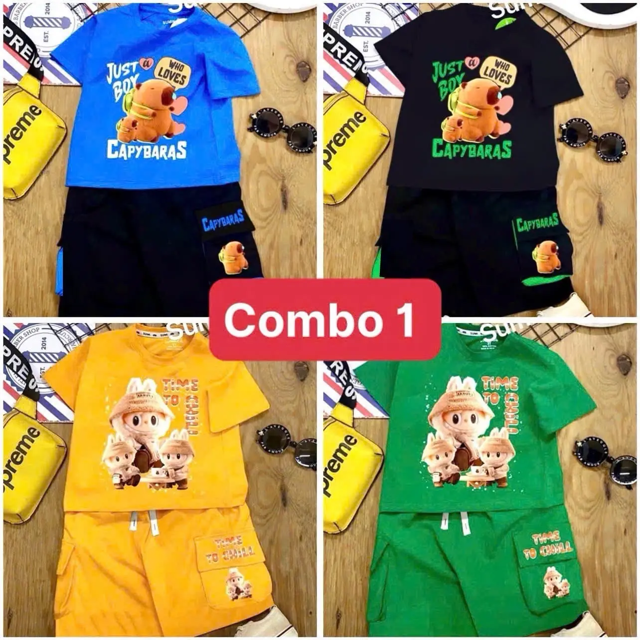 [Quần Có Túi 2 Bên] Combo 4 Bộ LABUBUUU & CAPYBABA size 8 . 50 kg Cotton su mềm mịn mát, logo in ép nhiệt 6D