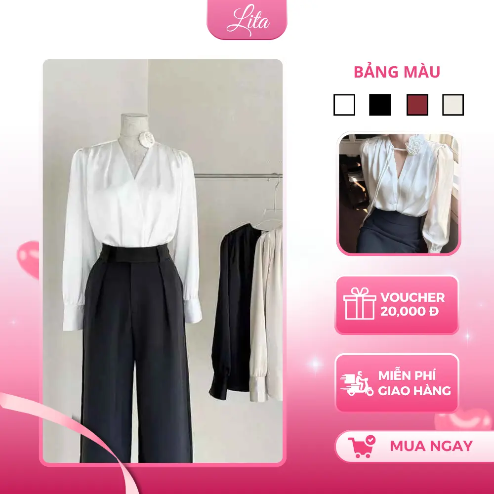 Áo Sơ Mi Lụa - Áo Sơ Mi Nữ Cổ V Cài Hoa Dáng Công Sở Sang Chảnh A137