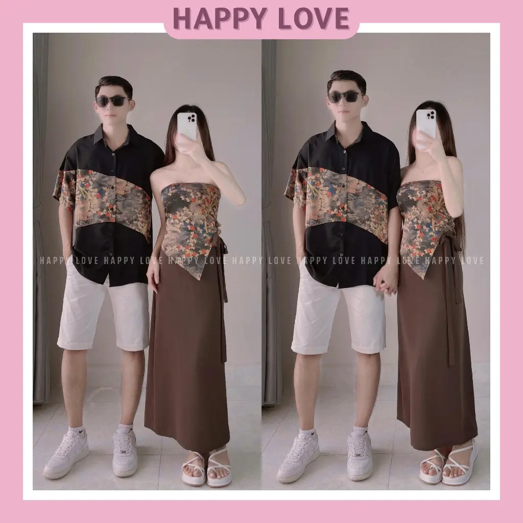 Đồ đôi nam nữ mùa hè đi chơi đi tiệc Set couple sơmi nam áo quây chân váy nữ phối hoạ tiết sang trọng HAPPYLOVE H112