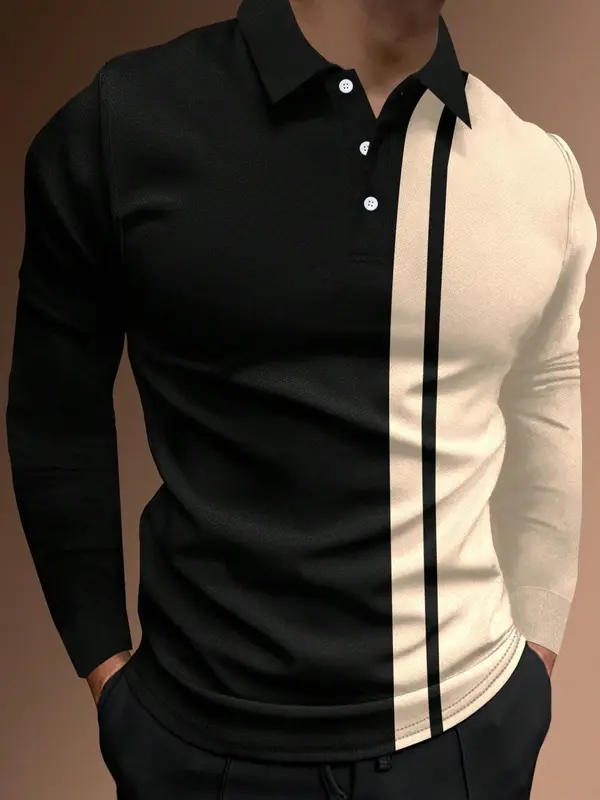 Men's Patchwork Print Half Button Polo Shirt, Regular Fit Casual Longsleeves Collared Top, Polo Shirts Men, Fashion Men's Clothes for Daily Wear, Going Out Tops, Chic Fashion Casual Menswear 3