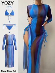 YOZY Women's Swimsuit Three-Piece Set, Sexy Sheer Cover Up & Swim Bottom & Swim Top Set, Ladies Swimwear for Beach Holiday Vacation