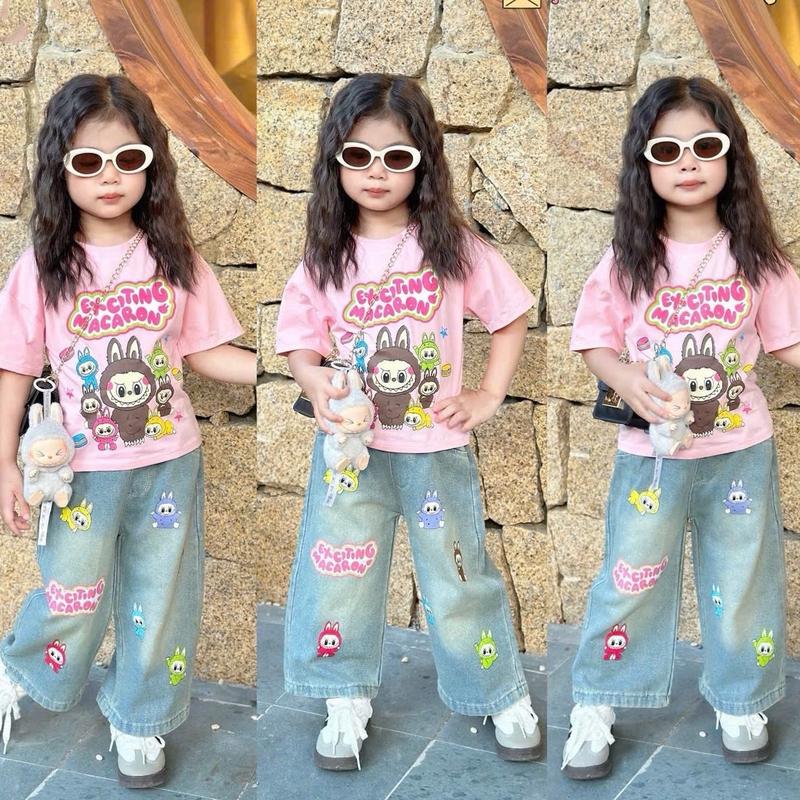 C69--Set áo thun cotton labubu , kèm quần jean ống xuông labubu sịn xò cho bé gái (9-30kg)