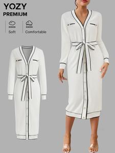 YOZY Women's Contrast Binding Belted Button Front Sweater Dress, Casual Long Sleeve V Neck Knitwear for Fall & Winter, Women's Clothing for Daily Wear, Fall&Winter Clothes