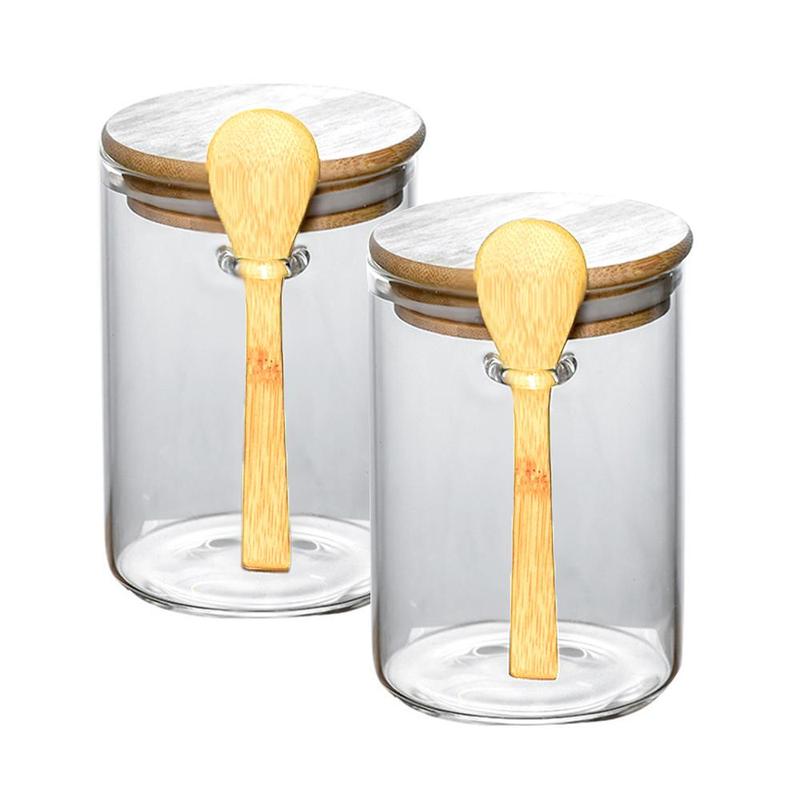 Clear Glass Storage Jar with Wooden Spoon Set (2 Sets), Household Food Storage Container with Bamboo Lid, Kitchen Utensils, Anti-breakage Packaging Sealed Bottle Set 0