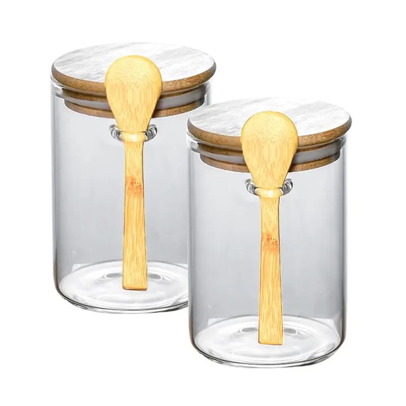 Clear Glass Storage Jar with Wooden Spoon Set (2 Sets), Household Food Storage Container with Bamboo Lid, Kitchen Utensils, Anti-breakage Packaging Sealed Bottle Set 0