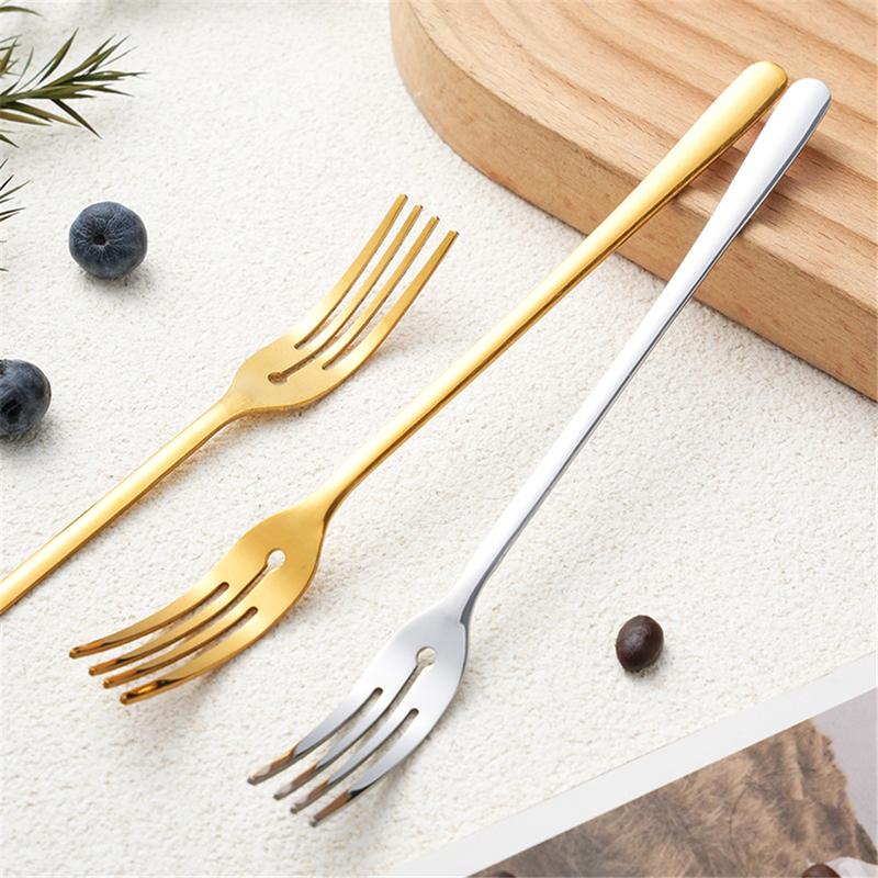 Product Introduction of Stainless Steel Small Fork Cake Dessert Fork Golden High Color Value Home Salad Fruit Fork Tableware Round Hole Four Teeth Fork Kitchenware Cutlery Thick 17