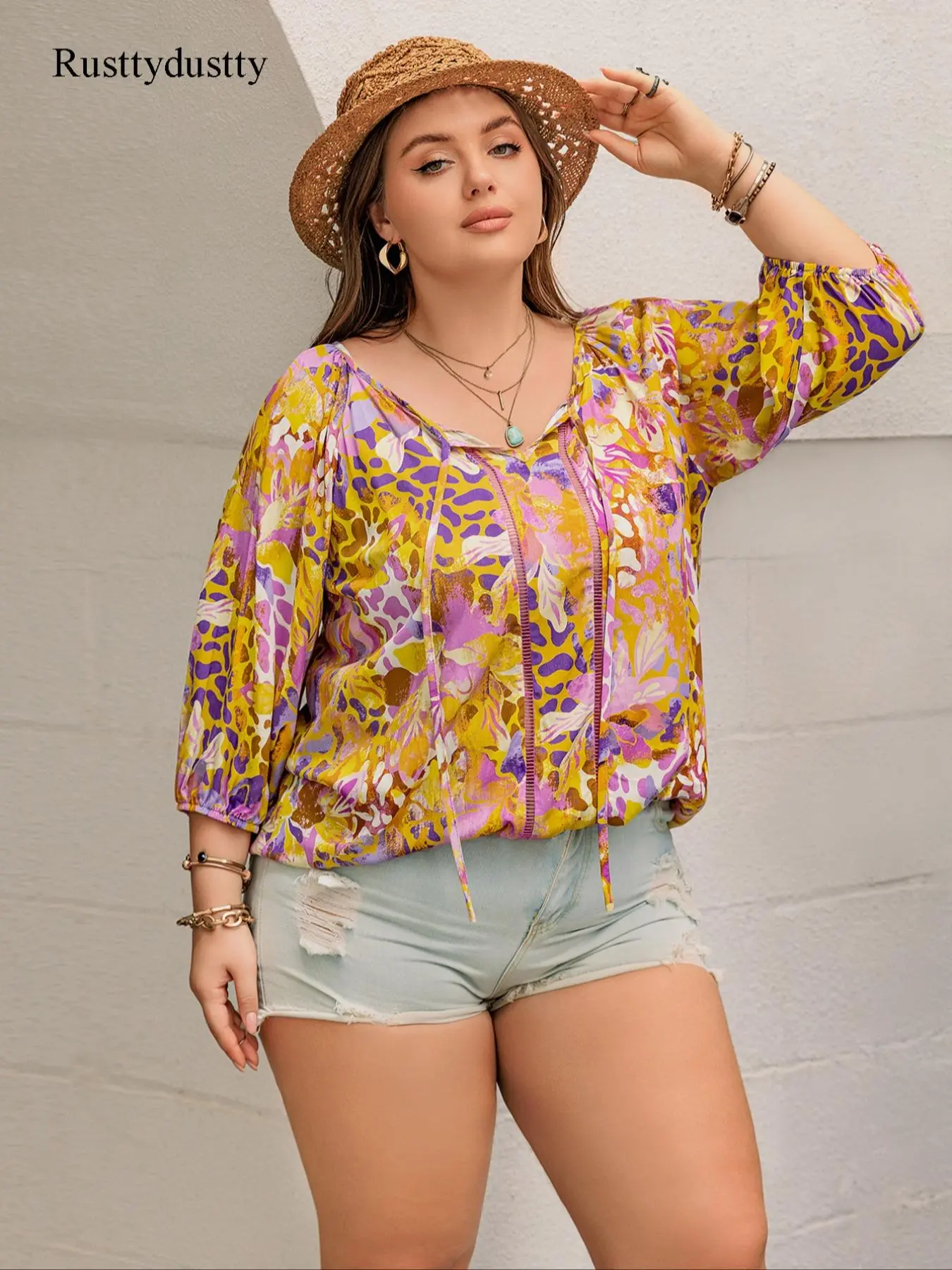 【Plus Size】 Leopard & Floral Print Tie Neck Blouse, Boho Fashion Casual Top for Daily Holiday Vacation Wear, Women Plus Clothing for All Seasons