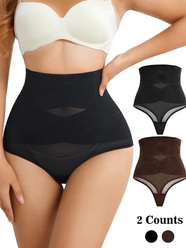 Women's Contrast Mesh Shapewear Thong, Breathable High Waist Shapewear Bottom for Daily Wear, Tummy Control Butt Lifter, Minimalist Basic Underwear, tummy tuck garment 4