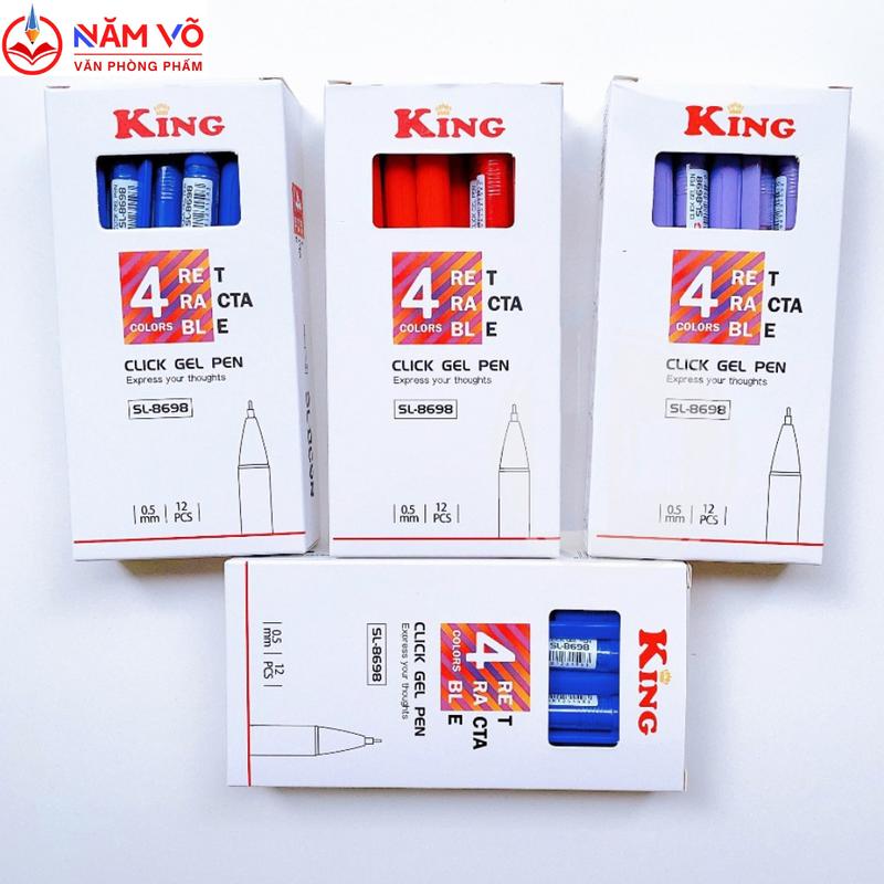 [KING 8698] HỘP 12 Cây Bút Gel Nước Dạng Bấm / Viết Bi Đầu Bấm King SL-8698 / SL 8698 Ngòi 0.5mm, Viết Êm, Mực Đều (Mực Xanh, Đỏ, Tím, Đen)
